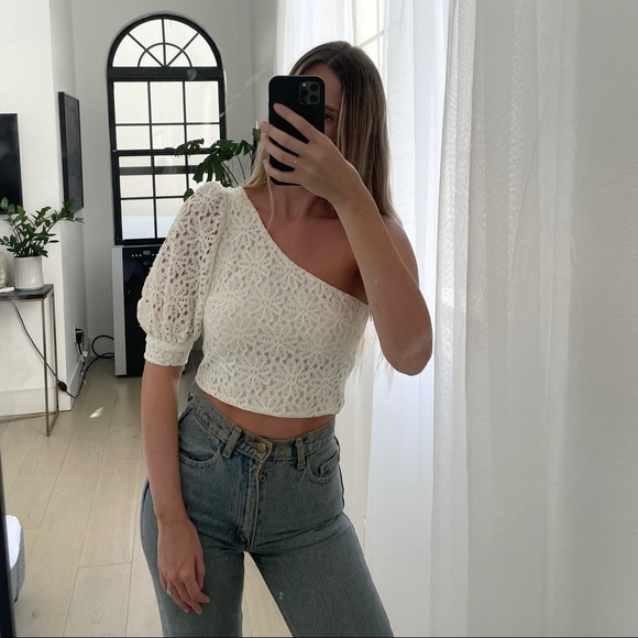 Topshop Tops - One Shoulder Floral Lace Cream Top
